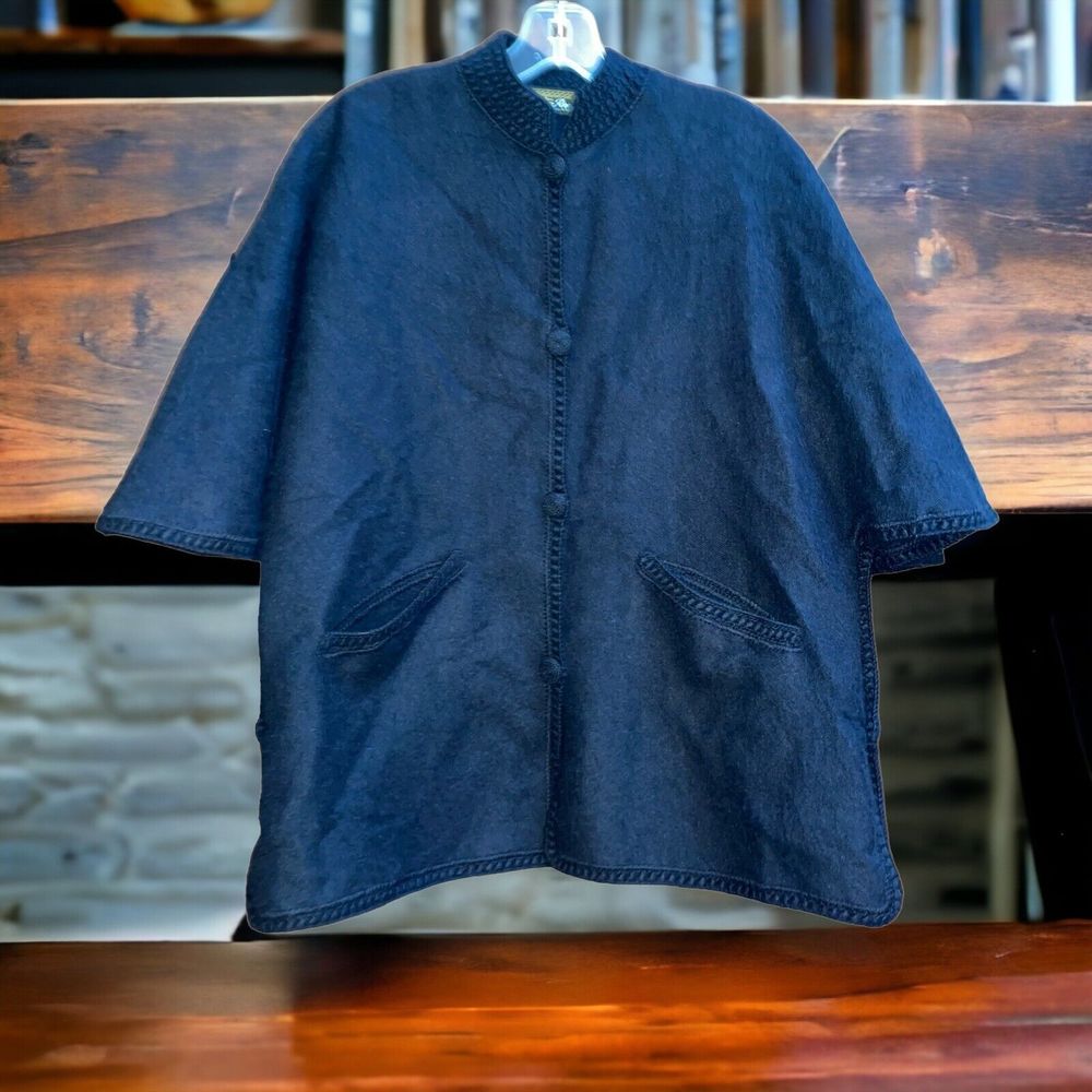 Vtg Mon Repos Monrepos Peru Peruvian Alpaca Wool Black Cape Sweater Coat OS